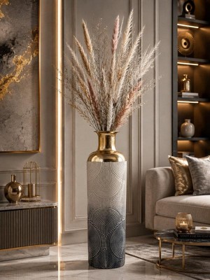 Rossev Vazo Eskitme Metal Krem Gri Gold Detaylı Dekoratif 63CM