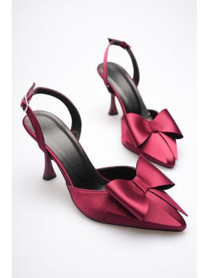Zerenyus Dublin Premium Bordo Fiyonklu Saten Slingback Topuklu Ayakkabı