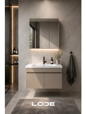 Lode Bath Kale Serisi Banyo Dolabı Seti | Banyo Alt Dolap - Aynalı Üst Dolap | Cerastyle Frame Lavabolu, Lavabo-Aynalı Üst Dolap Dahil