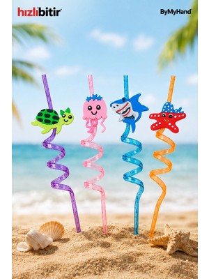 By My Hand Bymyhand Plastik Kıvrımlı Renkli Karışık Figürlü 4'lü Pipet Set (Karışık Renk ve Model)