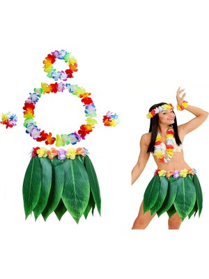 Gees Global Yetişkin Hawaii Kostüm Seti - Yaprak Etek &amp; Hawaii Set - 5 Parça