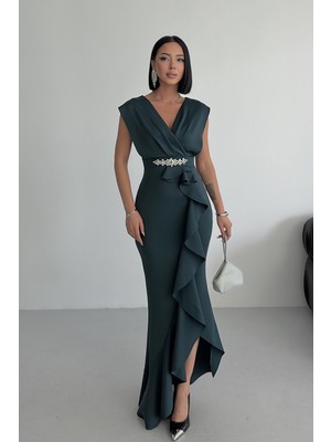 Alfudo Moda Collection Kadın Taşlı Scuba Dalgıç Kumaş Kruvaze Yaka Eteği Volanlı Abiye Mezuniyet Nikah Elbise