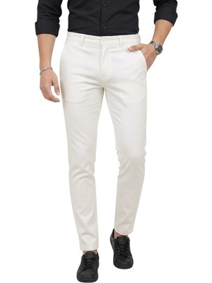 Deepsea Erkek Beyaz Modern Fit Likralı Kumaş Pantolon Günlük & Ofis Kullanımı 2602020