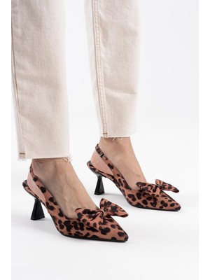 Zerenyus ZR-T1 Premium Leopar Fiyonklu Kitten Topuklu Slingback Kadın Topuklu Ayakkabı