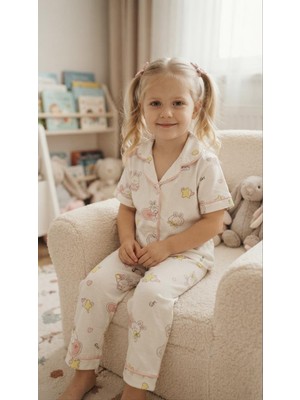 Sinem Çeyiz Dlş 6147 Kız Çocuk %100 Pamuk Beyaz Tavşanlı Penye Boydan Düğmeli Pijama Takım
