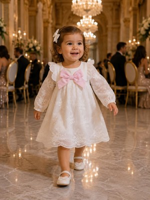 Mummys Love Kız Çocuk Fiyonk Detaylı Tül Elbise - %100 Pamuk - Ekru