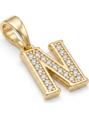 Zeino N Harfi Zirkon Taşlı Minimal Kolye Ucu  - 14K Altın Kaplama - 8 x 17 mm