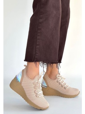 Zerenyus Weor Premium Bej Triko Bağcıklı Kadın Dolgu Topuklu Sneaker