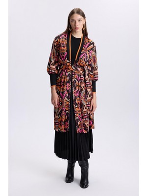 Zühre Desenli Kuşak Detaylı  Satin Oranj Hırka 0007
