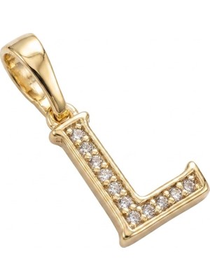 Zeino L Harfi Zirkon Taşlı Minimal Kolye Ucu  - 14K Altın Kaplama - 8 x 17 mm