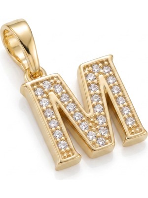 Zeino M Harfi Zirkon Taşlı Minimal Kolye Ucu  - 14K Altın Kaplama - 11 x 16 mm