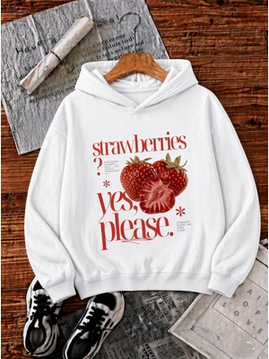 Oksit Sw Strawberries Yes, Please." Ön Baskılı Renkli Kadın Kapüşonlu Sweatshirt