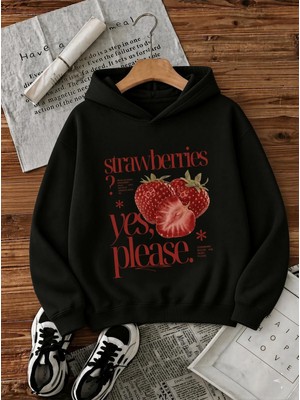 Oksit Sw Strawberries Yes, Please." Ön Baskılı Renkli Kadın Kapüşonlu Sweatshirt