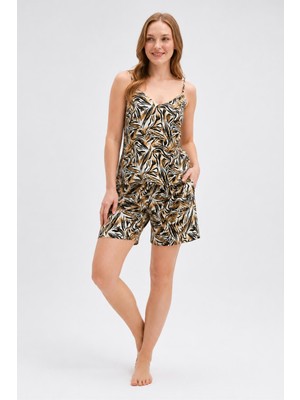 Gd Goldoremi Premium Kadın Modal Pamuklu Rahat Kalıp Desenli Askılı Şortlu Pijama Takım