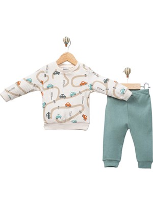 Nikuby Baby Erkek Bebek Mevsimlik 2’li Takım Araba Desenli Uzun Kolu Pamuklu Rahat Günlük Takım-Mint
