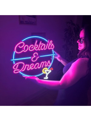 Kokteyller ve Düşler Neon Duvar Sanatı, Neon Duvar Tabelası, Neon Duvar Dekoru, LED Oda Dekoru,