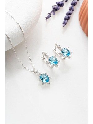 925 Ayar Gümüş Aquamarin Oval Taşlı Küpe ve Kolye Set