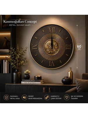 Kasımoğulları Concept Metal Duvar Saati, 60 Cm, Siyah-Gold | Hareketli Çark Sistemi, Sessiz Akar