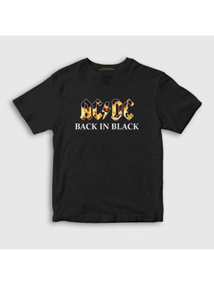 Presmono Unisex Çocuk Siyah Back In Black Fire AC/DC T-Shirt