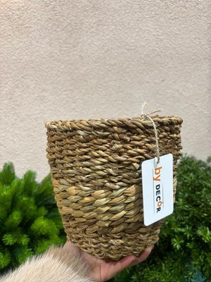20 cm Kulplu Hasır Sepet, Saksılık, Çiçeklik, Dekoratif Saksı, Kahverengi