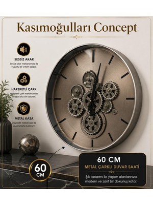 Kasımoğulları Concept 60 cm Metal Hareketli Çarklı Duvar Saati KC04 | Sessiz Akar Mekanizma, Da