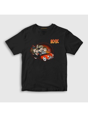 Presmono Unisex Çocuk Siyah Classic Car AC/DC T-Shirt