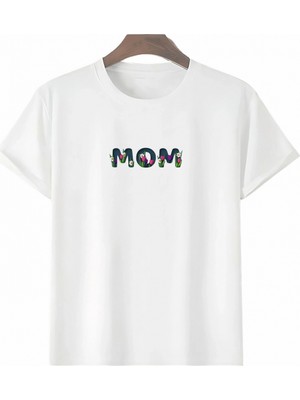 Hace Bazaar Anneler Günü Hediye Mom Çiçek Baskılı Oversize Bisiklet Yaka T-Shirt - Beyaz