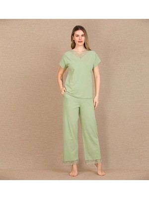 Hace Bazaar Pamuklu Şık Tasarım Dantel Işlemeli Yeşil Kısa Kol Pijama Takımı
