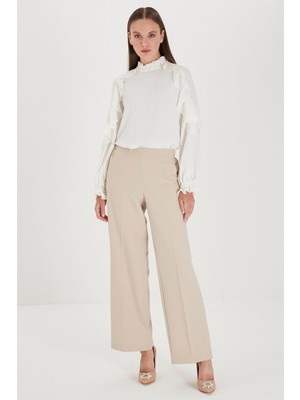 Zühre Bel Lastik Detaylı Bol Paça Kumaş Bej Pantolon P-0102