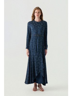 Zühre Desenli Kuşaklı Katmanlı Indigo Elbise 0554