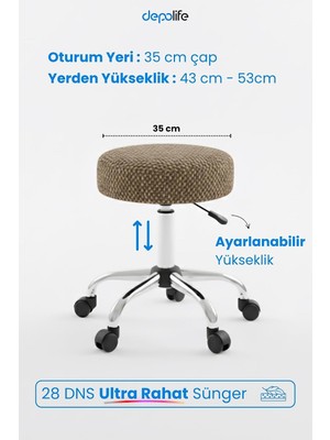 Tedy Yükseklik Ayarlı Ergonomik Ofis Kasiyer Sekreter Makyaj Tekerlekli Çalışma Taburesi