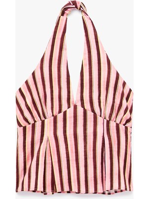 Koton Slim Fit Viskon Halter Yaka Boyundan Bağlamalı Çizgili Crop Bluz