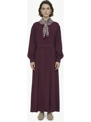 Zühre Kuşaklı Şal Detaylı Akışkan Bordo Elbise 0579