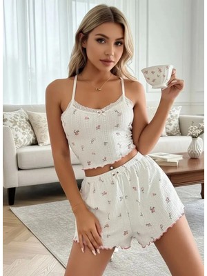 Hace Bazaar Kadın Çiçek Motifli Dantel Askılı Şortlu Rahat Pijama Takımı