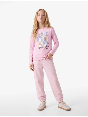 Koton Kedi Baskılı Pembe Kız Çocuk Uzun Kollu T-Shirt 7WKG10065AK