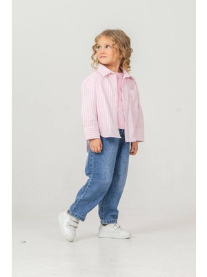 Superbaby Kız Çocuk Çizgili Gömlek Basic Tişört ve Kot Pantolon 3’lü Takım Günlük Şık Kombin