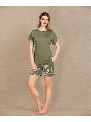 Hace Bazaar Marsilyan™-  Şık Tasarım Çiçek Desenli Yeşil Şortlu Kısa Kol Viskon Pijama Takımı