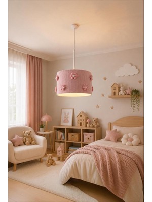 Elizim Home Lighting Lavinya Pudra Papatya Çocuk Odası Avizesi – El Işçiliği Dekoratif Ip Örgü Avize 30 cm