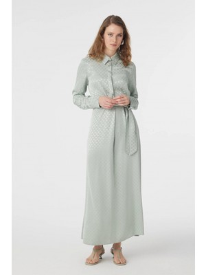 Zühre Gömlek Yaka Kuşaklı Desenli Mint Elbise 0596