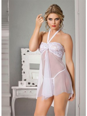 Modellife Transparan Dantelli Güllü Beyaz Fantazi Gecelik Takım