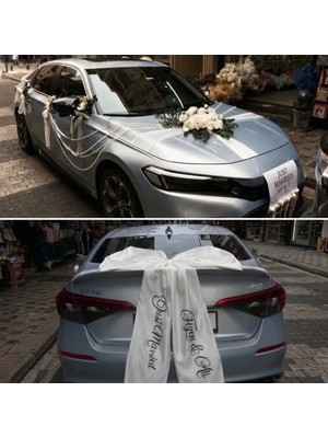 Monamilie Kişiye Özel Isim Yazılı Gelin Arabası Süsleme Seti - 7 Parça Bagaj Kurdelesi Kapı Süsü Kaput Çiçeği Just Married