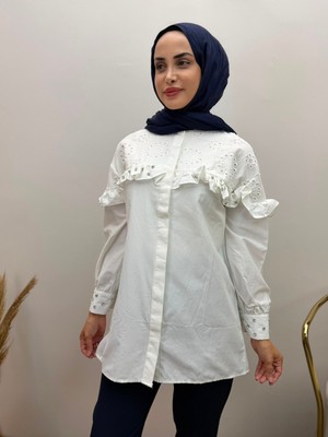 JOOQSTORE Kadın Fisto Işlemeli Fırfır Detaylı Gömlek