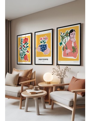 1001 Siyah Çerçeveli 3’lü Tablo Seti Sarı Botanik & Illüstrasyon – Modern Salon Set 30145, 15 x