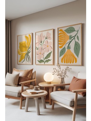 1001 Ahşap Çerçeveli 3’lü Tablo Seti Boho Flowers – Pastel Çiçekler Yatak Odası Set 30106, 50