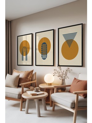 1001 Siyah Çerçeveli 3’lü Tablo Seti Golden Harmony – Daire ve Çizgiler Salon Set 30097, 70 x 100