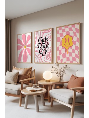1001 Ahşap Çerçeveli 3’lü Tablo Seti Pembe Enerji – Modern Pop Art Genç Odası Set 30129, 50 x 7
