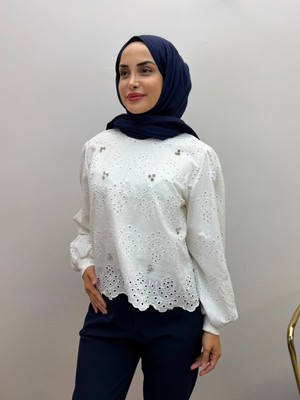 JOOQSTORE Kadın Fisto Işlemeli Taş Detaylı Bluz