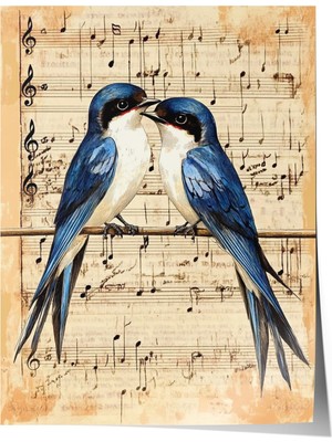 1001 Çerçevesiz Poster Notalar Üstünde Iki Kuş – Romantik Müzik Salon Dekoru Poster 106399, 50 x