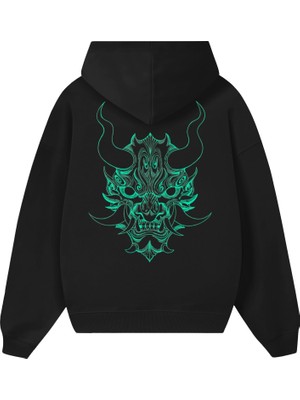 BarsDepo Gotik Ejderha Baskılı Oversize Unisex Siyah Hoodie Sweatshirt