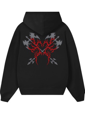 BarsDepo Gotik Kelebek ve Bıçak Baskılı Oversize Unisex Siyah Hoodie Sweatshirt